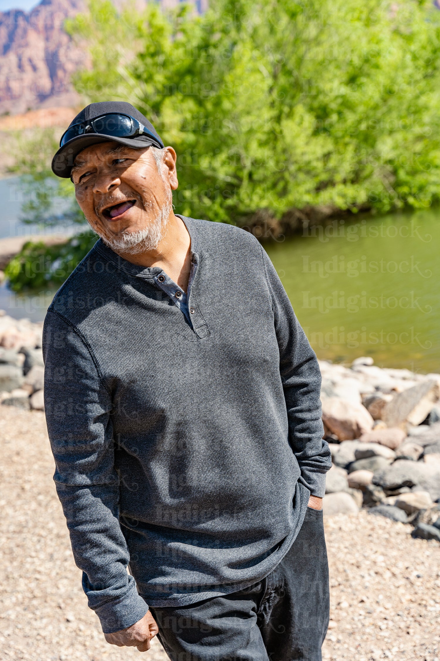 Native Elder enjoying a walk by a lake