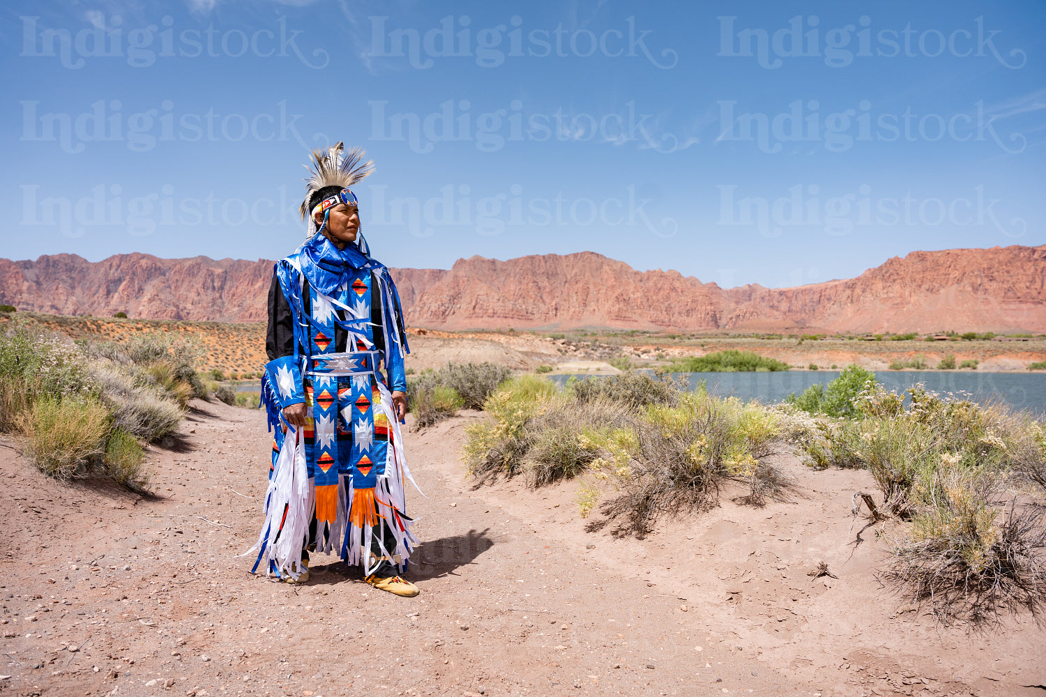 A Native Man wearing traditional regalia outside