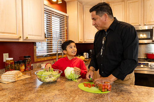 Father and son chopping vegetables