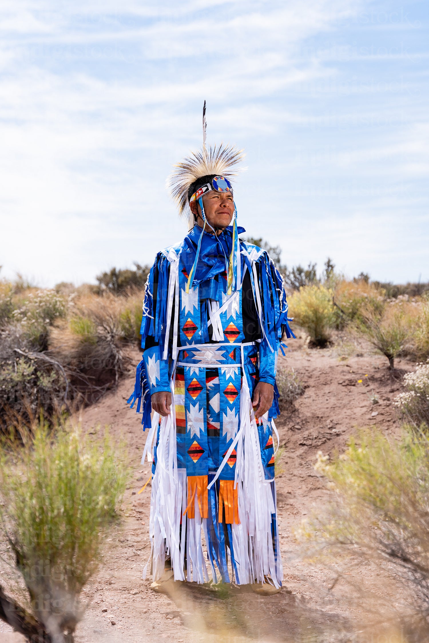 A Native Man wearing traditional regalia clothing outside