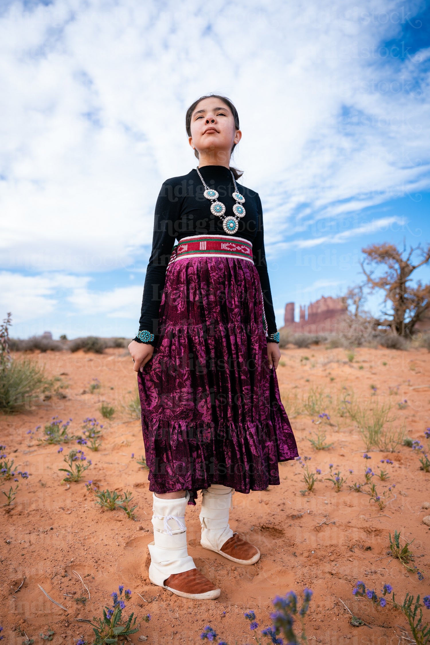 A young native teenager wearing traditional regalia outside