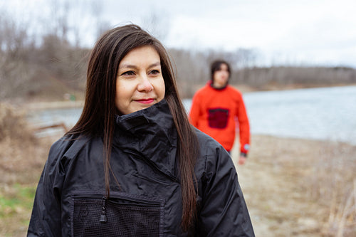 Indigenous family going kayaking