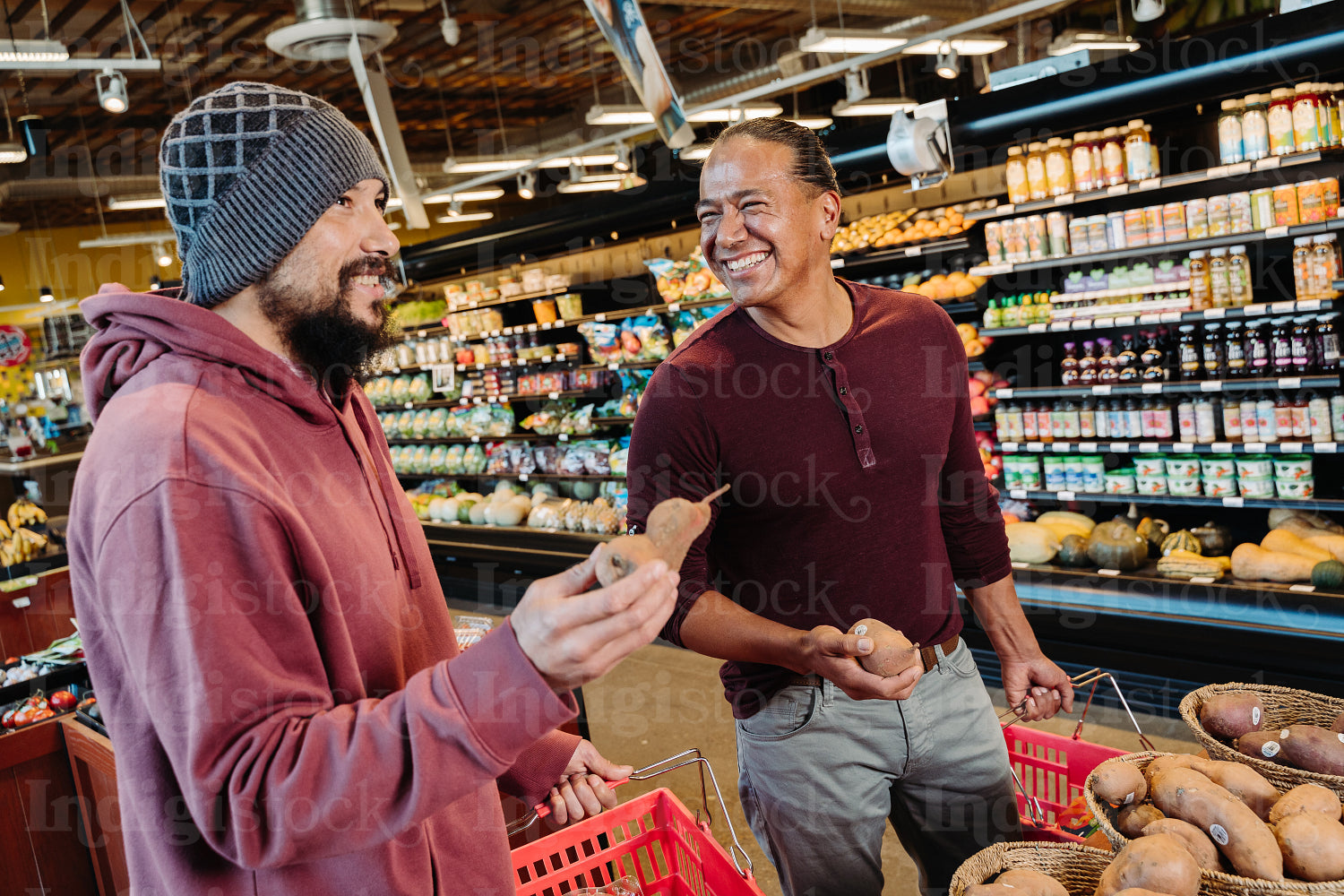 Two Indigenous men grocery shopping