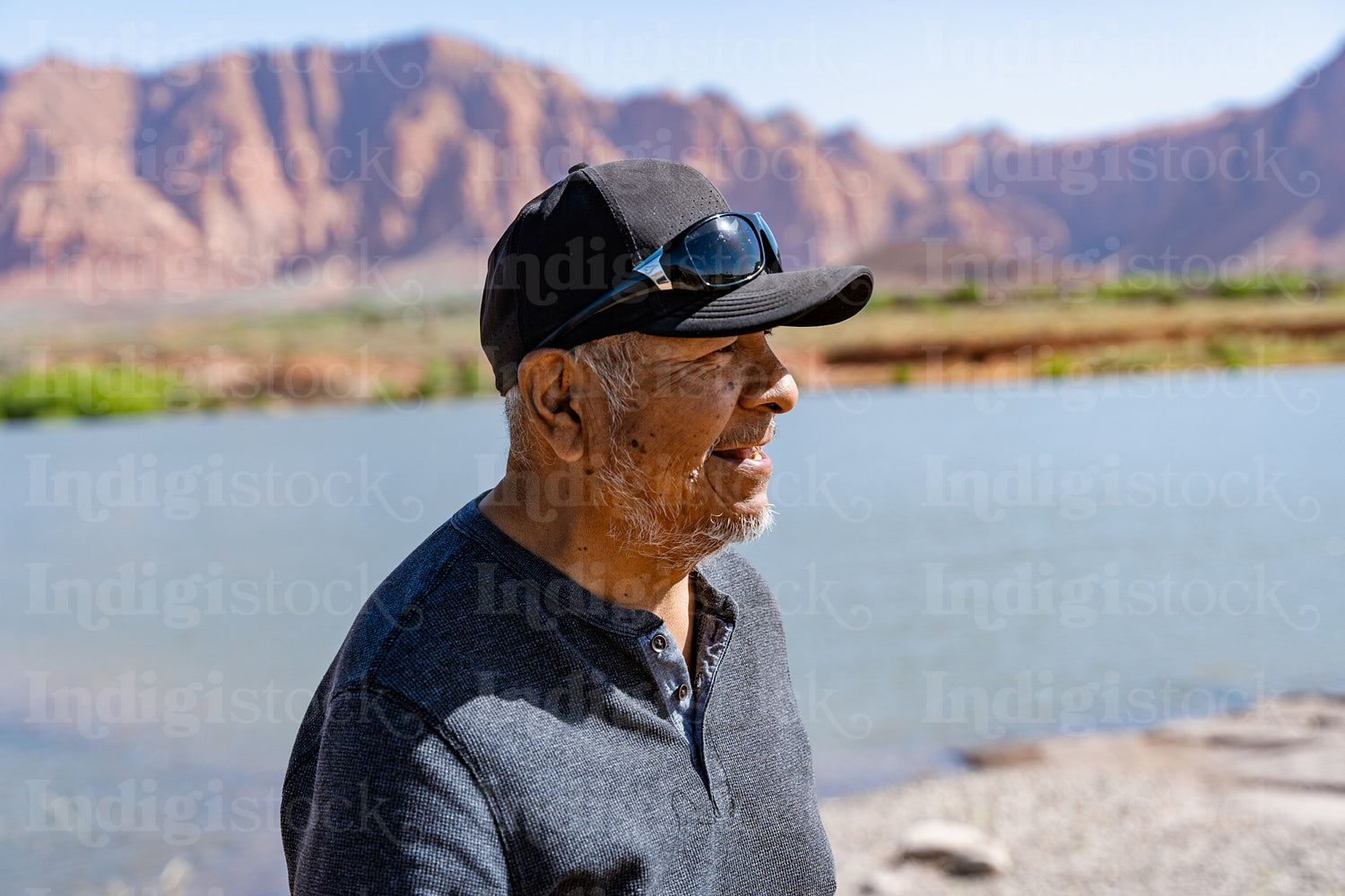 Native Elder enjoying a walk by a lake