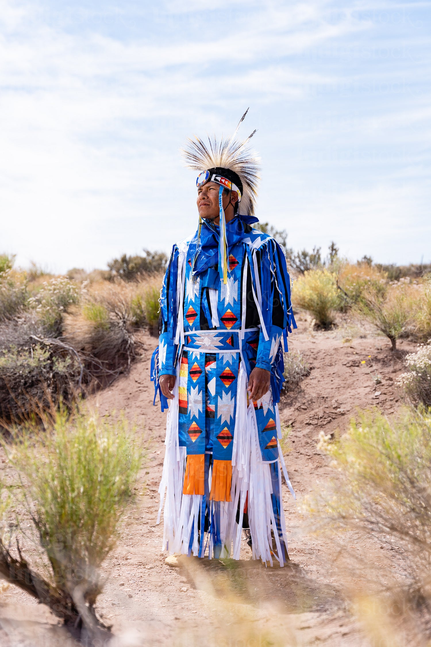 A Native Man wearing traditional regalia clothing outside