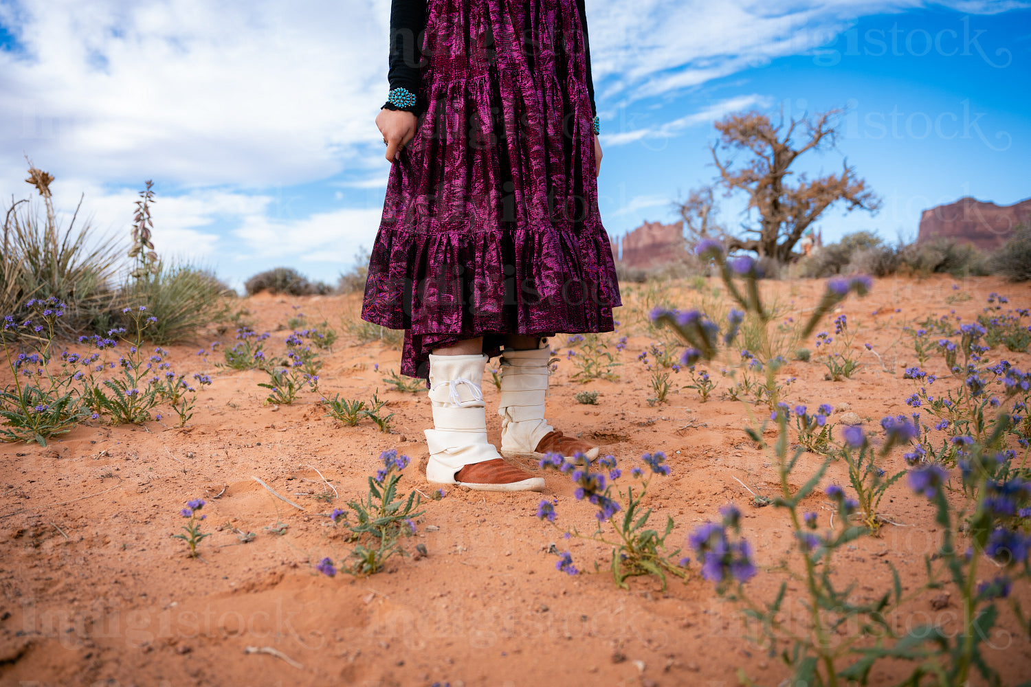 A young native teenager wearing traditional regalia outside