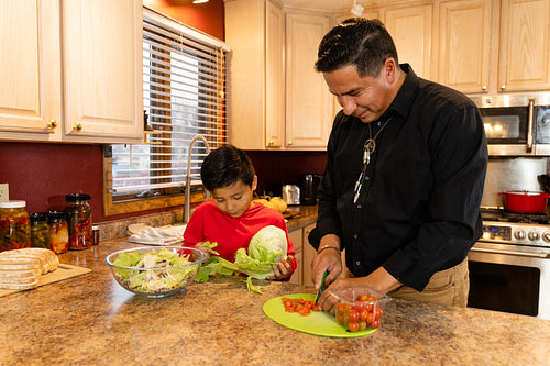 Father and son chopping vegetables