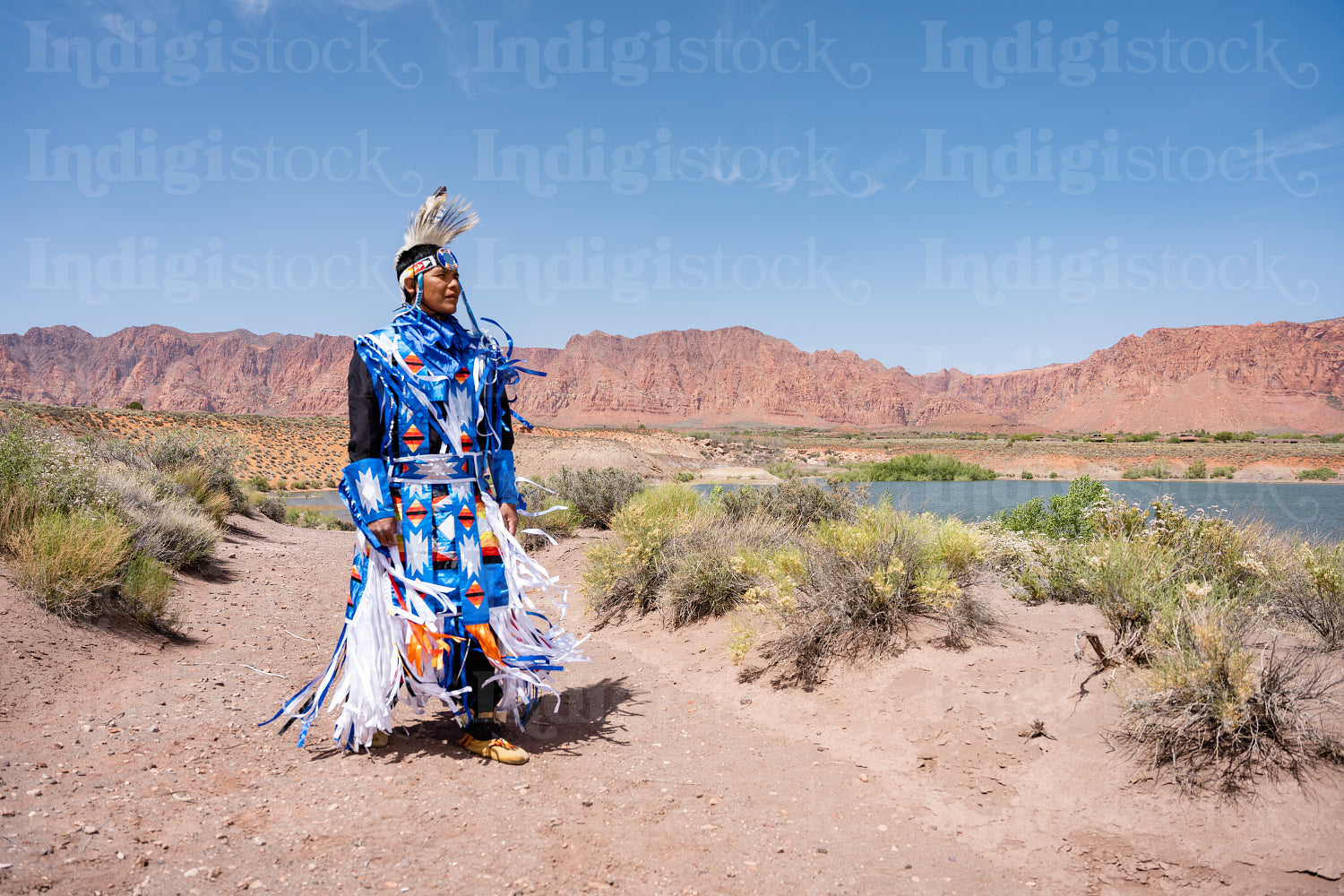 A Native Man wearing traditional regalia outside